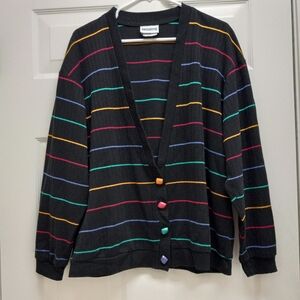 Vintage Paquette Stripe Cardigan Sweater Medium Black 80s Oversized Rainbow